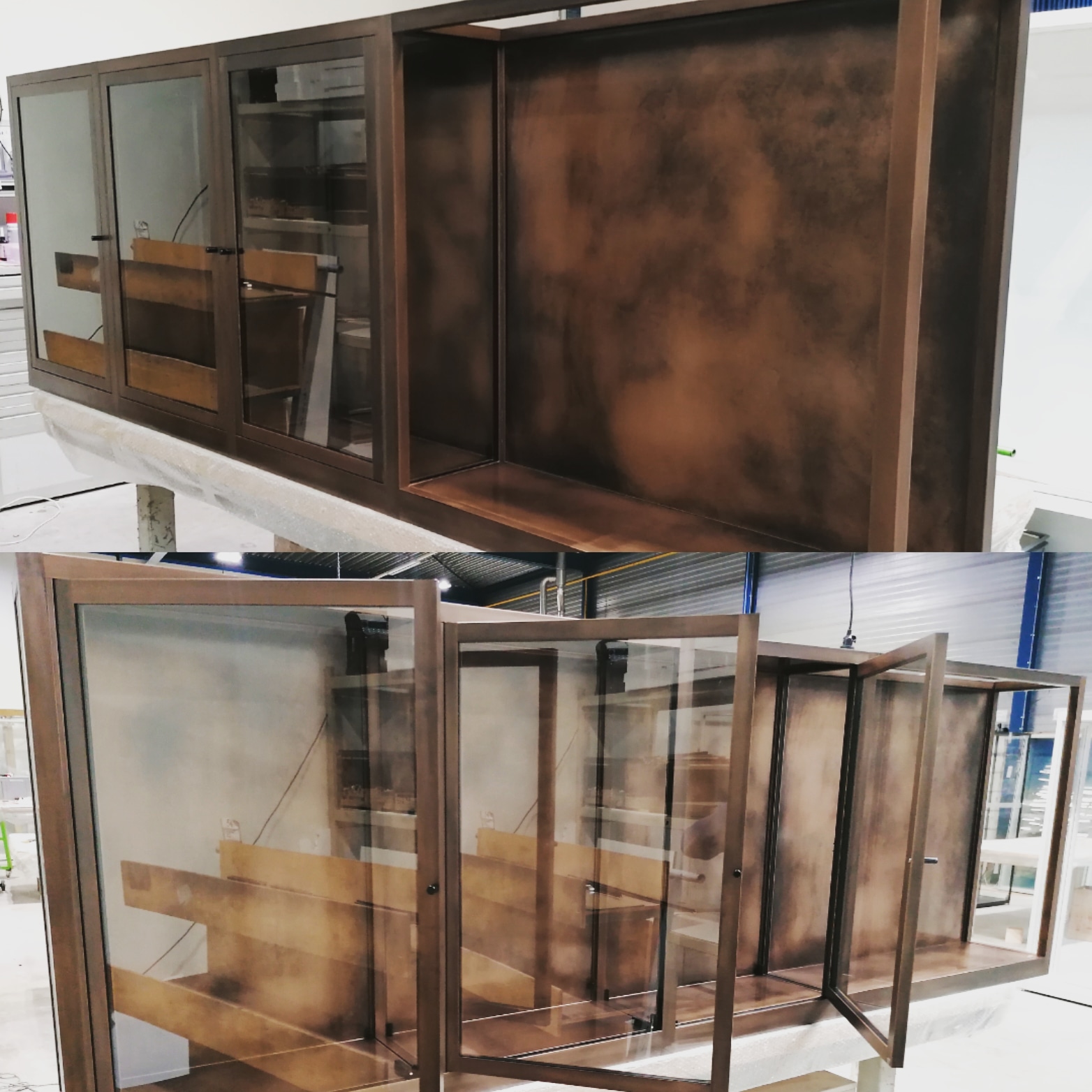 Wandvitrine afgewerkt in Brons verometaal